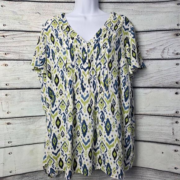 Rose + Olive Green Blue Ikat Print Blouse 1X - Picture 2 of 8